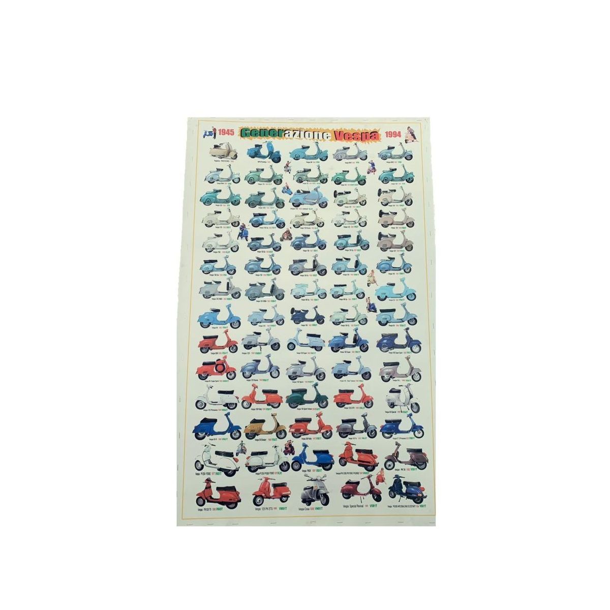 Poster Generazione Vespa 70 modelli Vintage 63×95 cartoncino colore paglierino