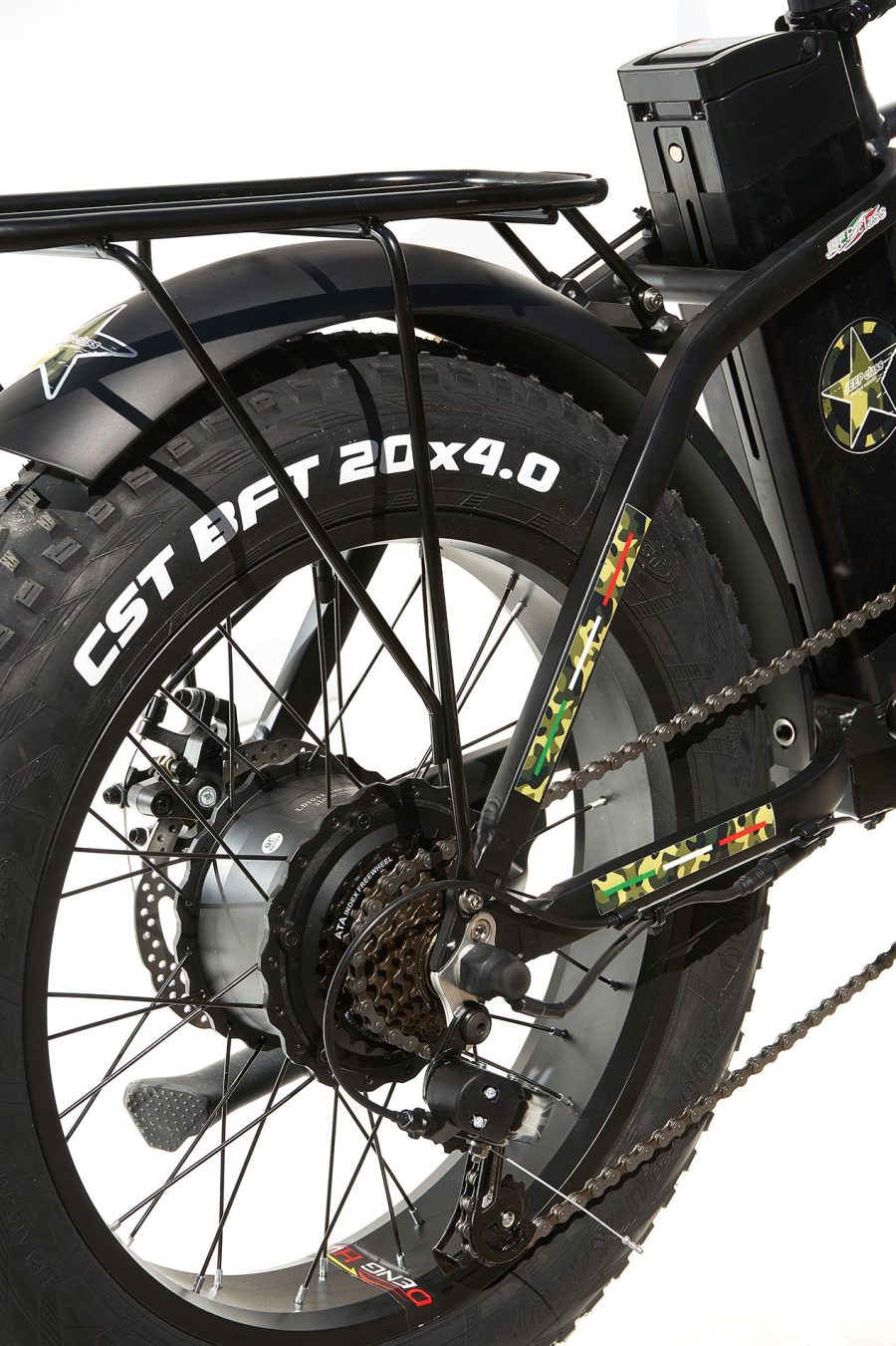 FAT BIKE 750W JEEP CLASS MILITAR E-BIKE 20′ BICICLETTA BICI PIEGHEVOLE ELETTRICA 48V NERO OPACO - immagine 7